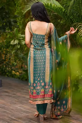 Teal green zarna silk printed kurta pant set