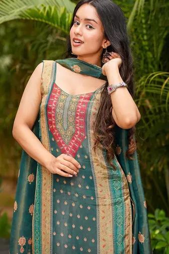Teal green zarna silk printed kurta pant set
