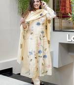 Cream viscose chanderi heavy thread embroidered work kurta pant set