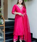 Rani pink viscose chanderi heavy thread embroidered work kurta pant set
