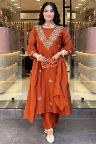 Dark orange vichitra heavy thread embroidered work kurta pant set