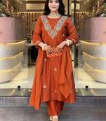Dark orange vichitra heavy thread embroidered work kurta pant set