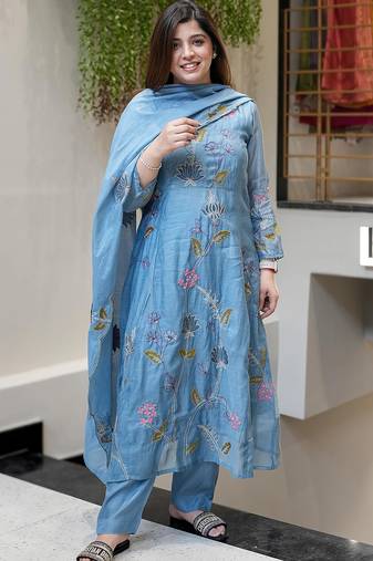 Aqua blue viscose chanderi heavy thread embroidered work kurta pant set