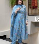 Aqua blue viscose chanderi heavy thread embroidered work kurta pant set