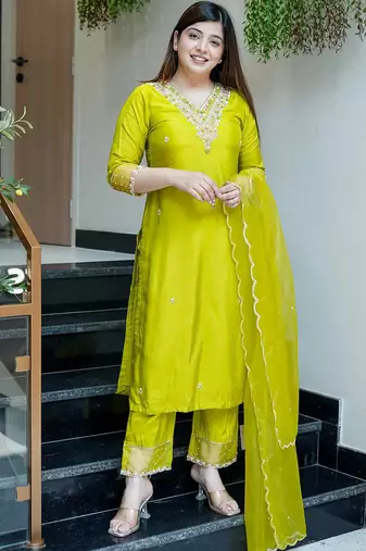 Lemon viscose chanderi heavy thread embroidered work kurta pant set