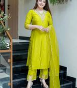 Lemon viscose chanderi heavy thread embroidered work kurta pant set