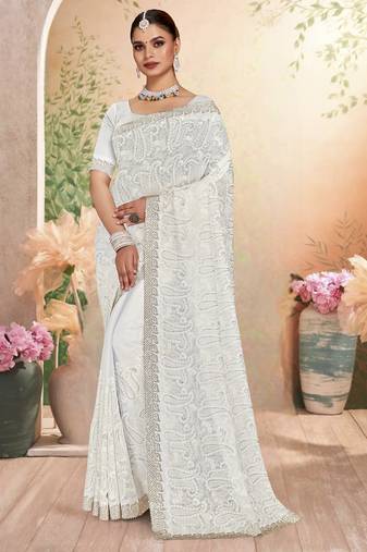 White sequin embroidered work georgette designer saree sari