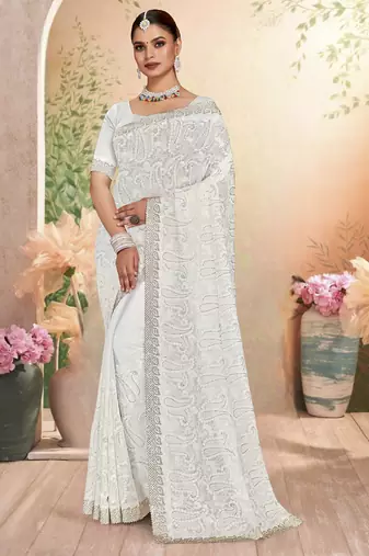 White sequin embroidered work georgette designer saree sari