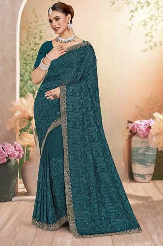 Teal blue sequin embroidered work georgette designer saree sari