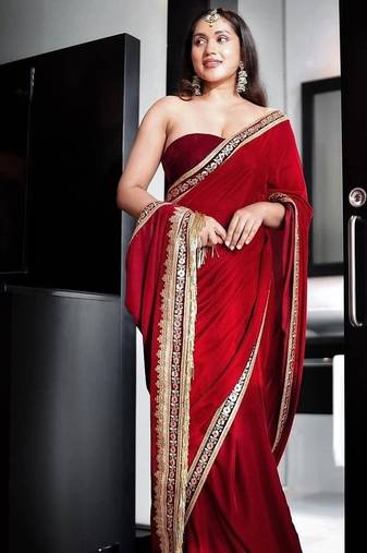 Red Color Embroidered Work Border With Sequins Work Velvet Saree 