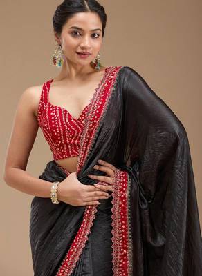 Black Color Bandhani Border With Beads & Stones Handwork With Cutwork Border Tissue Gold Crush Saree 1