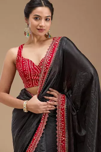 Black Color Bandhani Border With Beads & Stones Handwork With Cutwork Border Tissue Gold Crush Saree