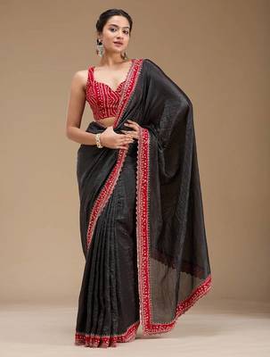 Black Color Bandhani Border With Beads & Stones Handwork With Cutwork Border Tissue Gold Crush Saree 2