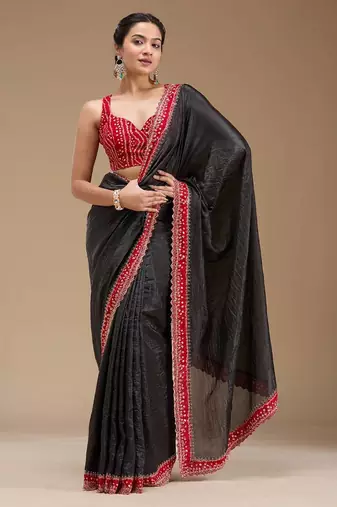 Black Color Bandhani Border With Beads & Stones Handwork With Cutwork Border Tissue Gold Crush Saree