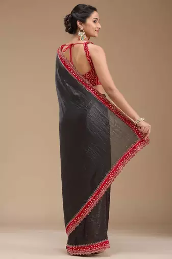 Black Color Bandhani Border With Beads & Stones Handwork With Cutwork Border Tissue Gold Crush Saree