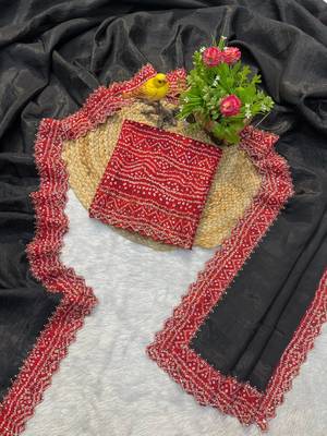 Black Color Bandhani Border With Beads & Stones Handwork With Cutwork Border Tissue Gold Crush Saree 4