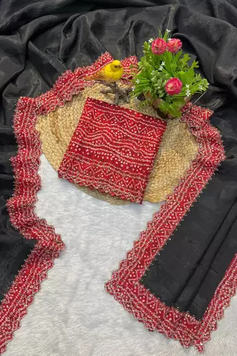 Black Color Bandhani Border With Beads & Stones Handwork With Cutwork Border Tissue Gold Crush Saree