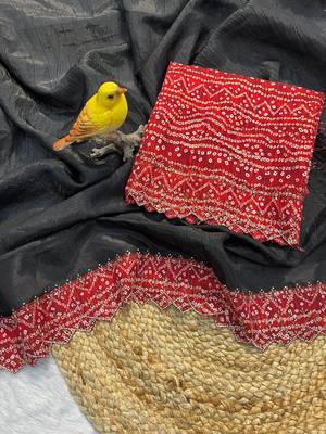 Black Color Bandhani Border With Beads & Stones Handwork With Cutwork Border Tissue Gold Crush Saree 5