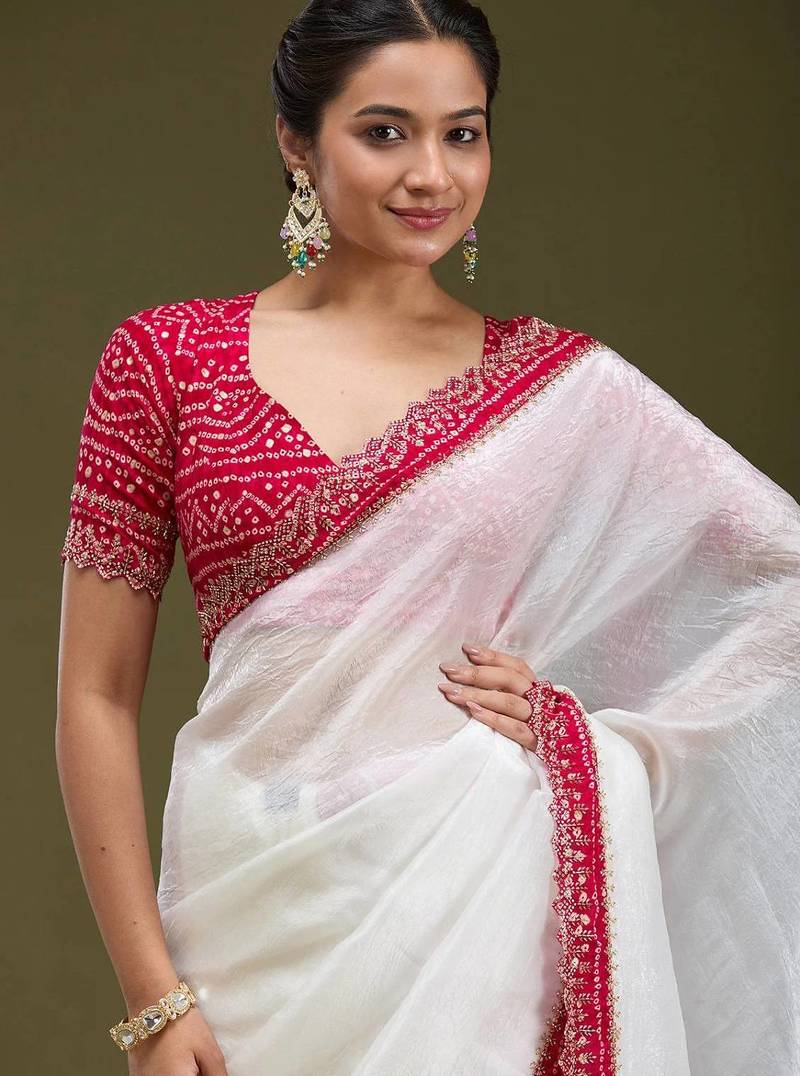 White Color Bandhani Border With Beads & Stones Handwork With Cutwork Border Tissue Gold Crush Saree