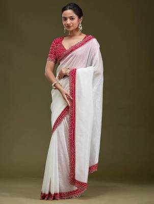 White Color Bandhani Border With Beads & Stones Handwork With Cutwork Border Tissue Gold Crush Saree 2