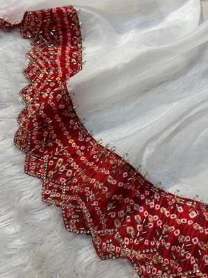 White Color Bandhani Border With Beads & Stones Handwork With Cutwork Border Tissue Gold Crush Saree 4