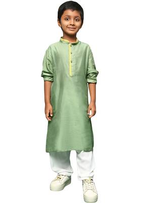 green silk blend solid kurta pajama for kids 1