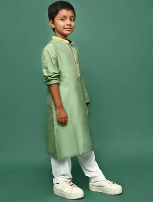 green silk blend solid kurta pajama for kids 2