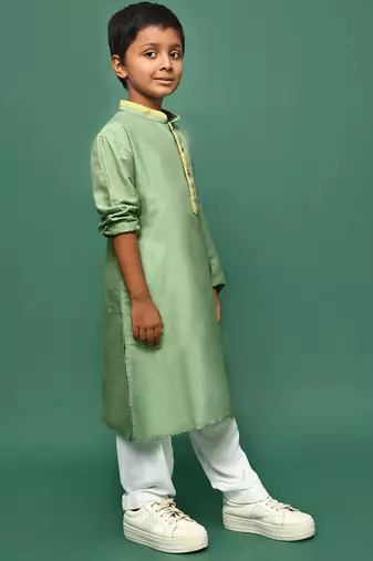 green silk blend solid kurta pajama for kids