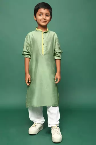 green silk blend solid kurta pajama for kids