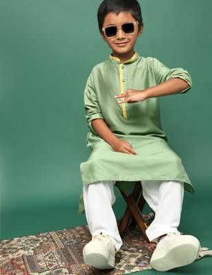 green silk blend solid kurta pajama for kids 4