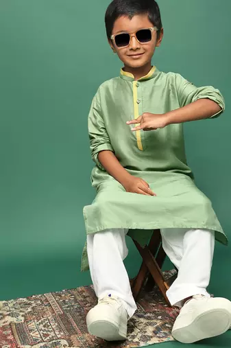 green silk blend solid kurta pajama for kids