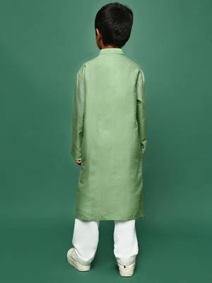 green silk blend solid kurta pajama for kids 5
