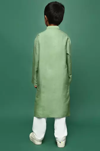 green silk blend solid kurta pajama for kids