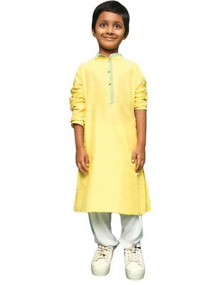 yellow silk blend solid kurta pajama for kids 1