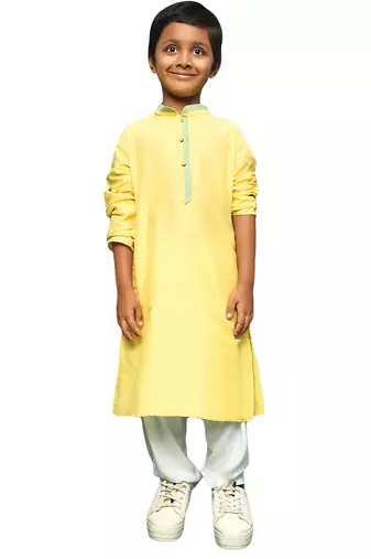 yellow silk blend solid kurta pajama for kids