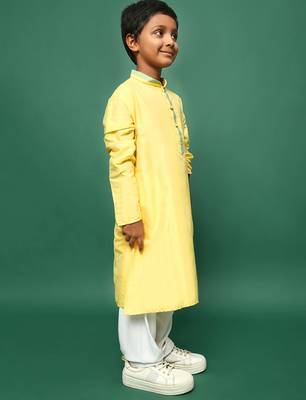 yellow silk blend solid kurta pajama for kids 2