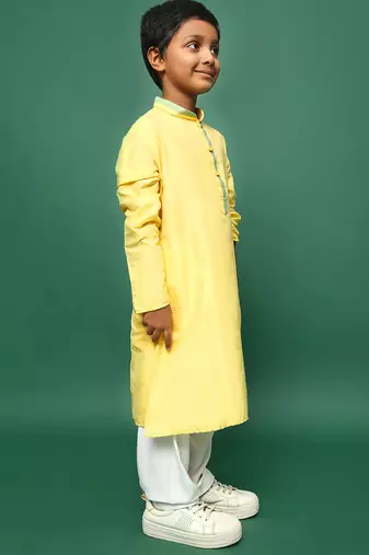 yellow silk blend solid kurta pajama for kids