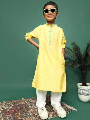yellow silk blend solid kurta pajama for kids 3