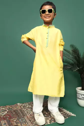 yellow silk blend solid kurta pajama for kids