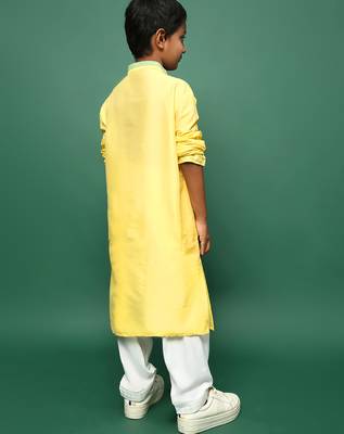 yellow silk blend solid kurta pajama for kids 5