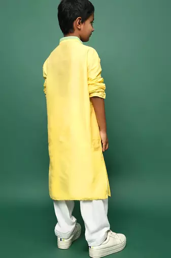 yellow silk blend solid kurta pajama for kids