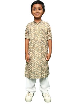 brown cotton chikankari kurta pajama for kids 1