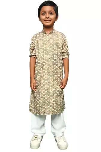 brown cotton chikankari kurta pajama for kids