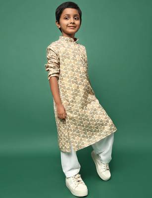 brown cotton chikankari kurta pajama for kids 2