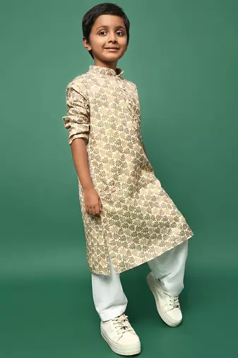 brown cotton chikankari kurta pajama for kids