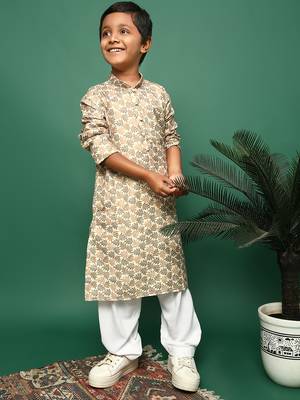 brown cotton chikankari kurta pajama for kids 3