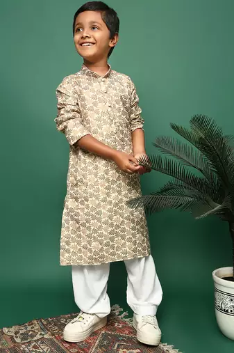 brown cotton chikankari kurta pajama for kids
