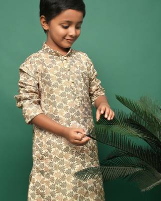 brown cotton chikankari kurta pajama for kids 4