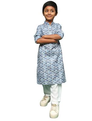 blue cotton chikankari kurta pajama for kids 1
