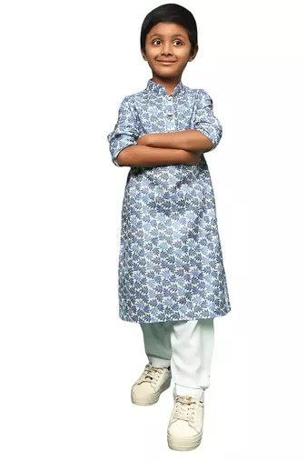 blue cotton chikankari kurta pajama for kids
